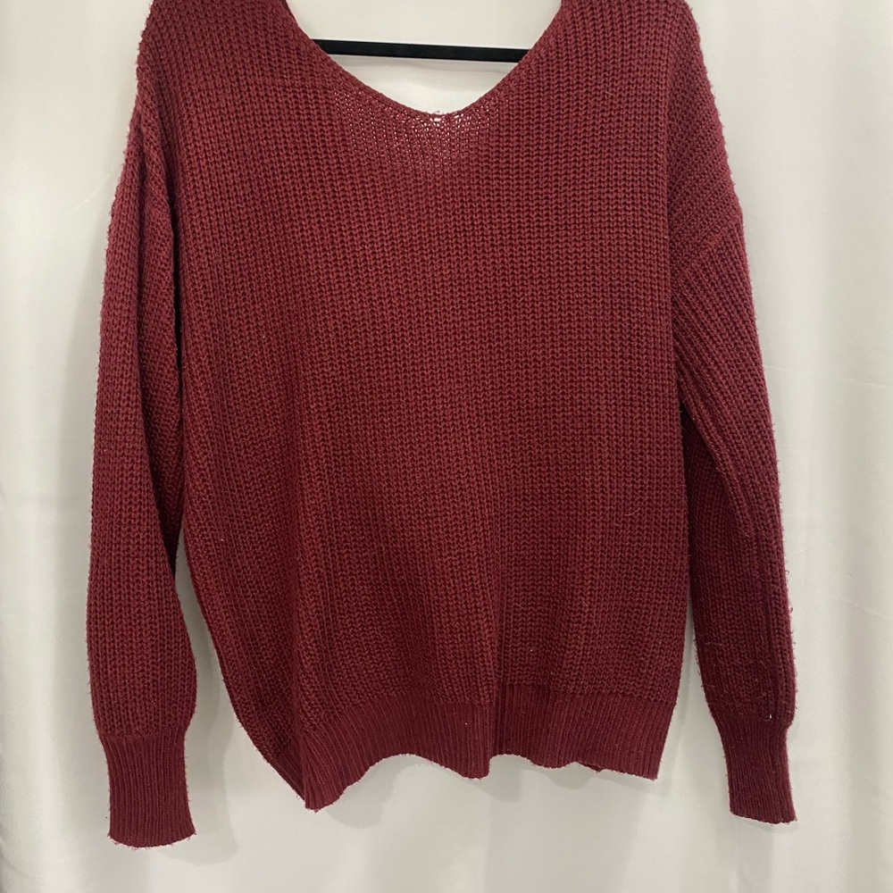 Red V-Neck Sweater with Ribbed Texture